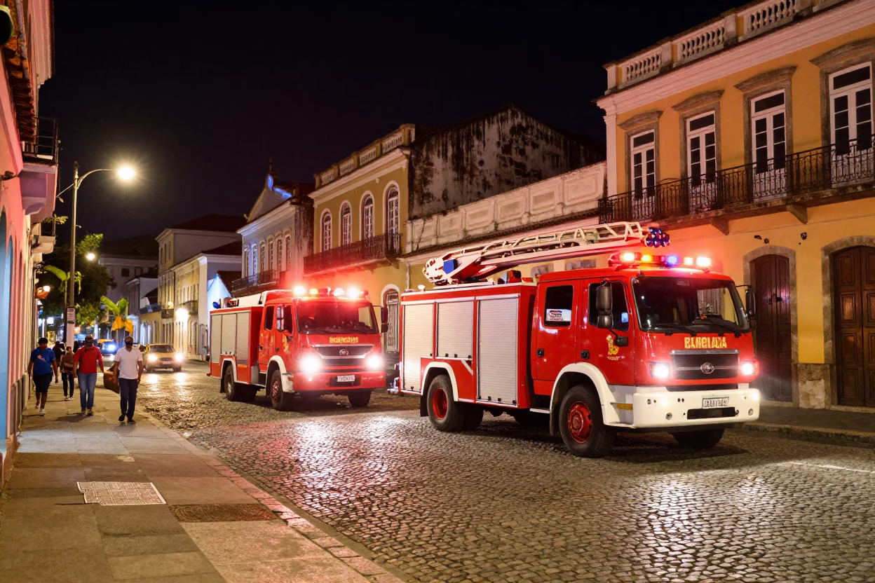 Late Night Salvador Street Scene with Fire Engine and Urban Activity in in Salvador, Brazil