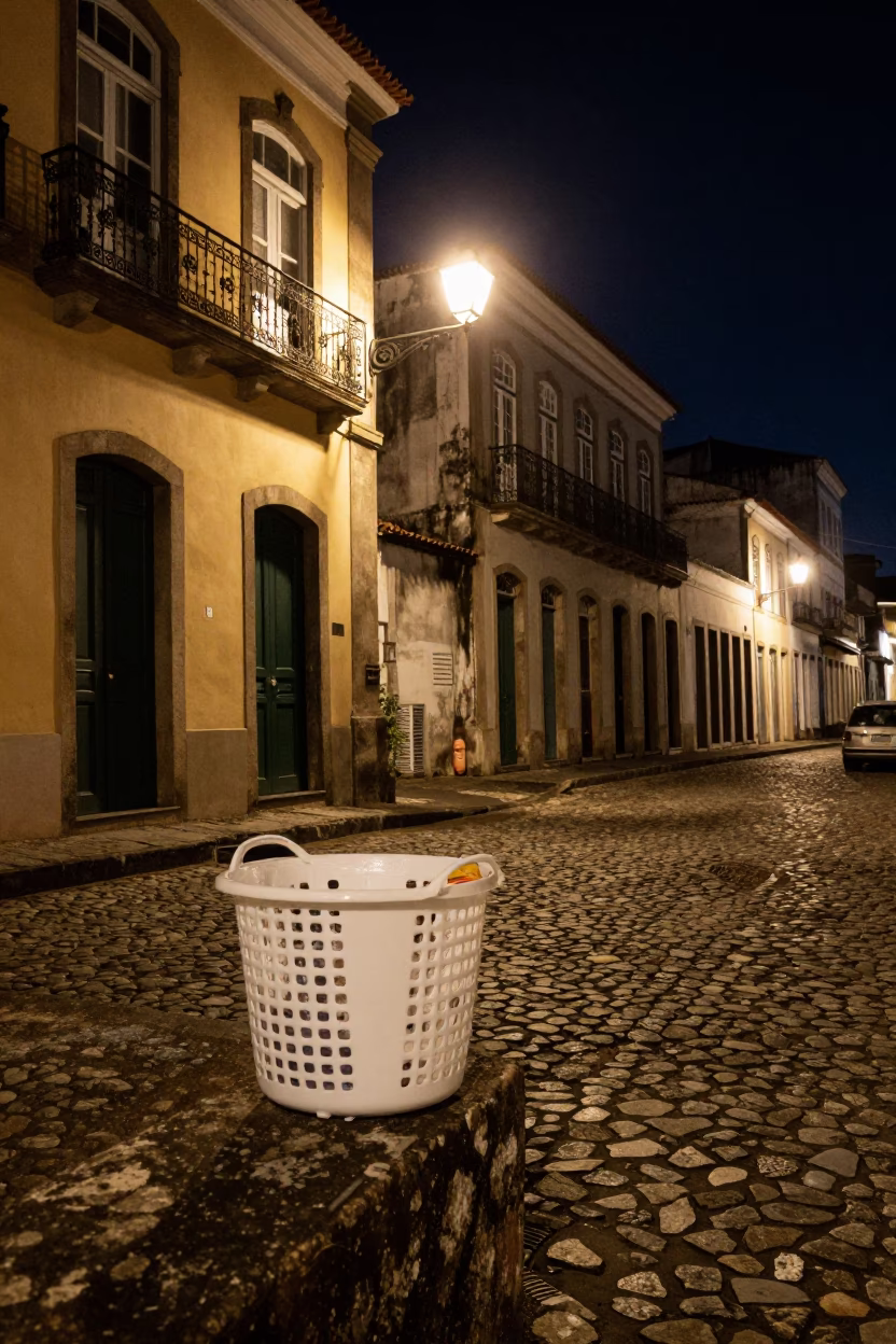 Late Night Salvador Street Scene with Laundry Basket and Urban Architecture in in Salvador, Brazil