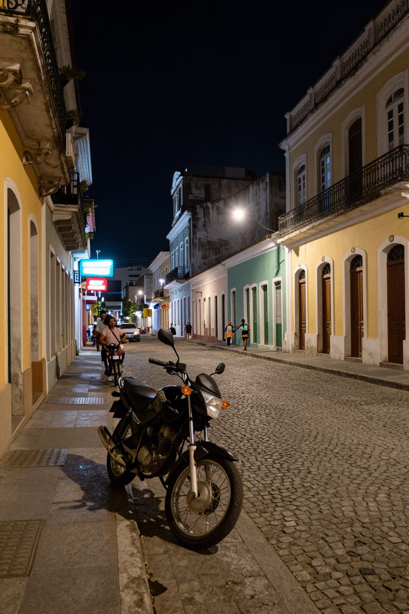 Late Night Salvador Street Scene with Motorcycle and Urban Lighting in in Salvador, Brazil