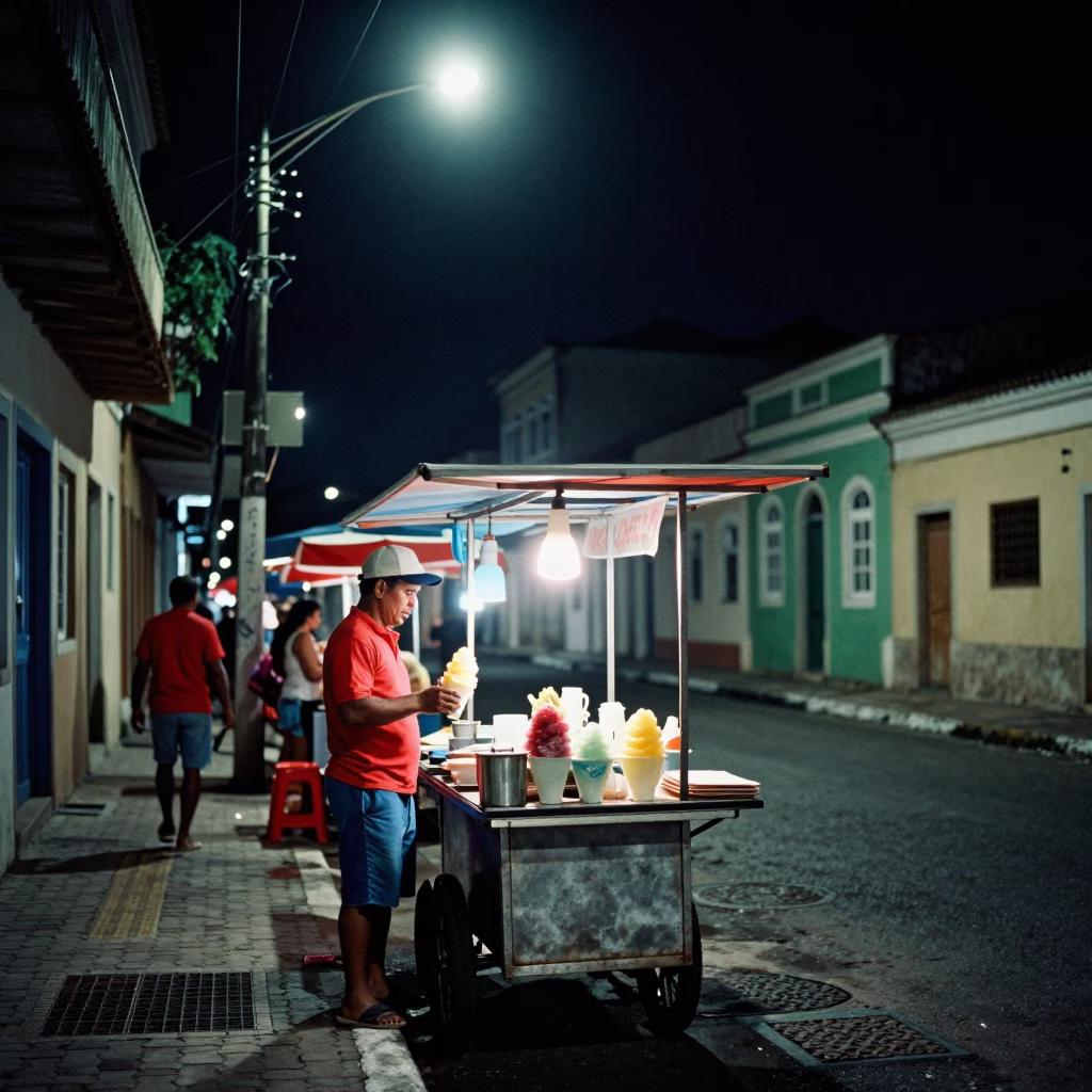 Late Night Salvador Street Scene with Shaved Ice and Cherries in in Salvador, Brazil