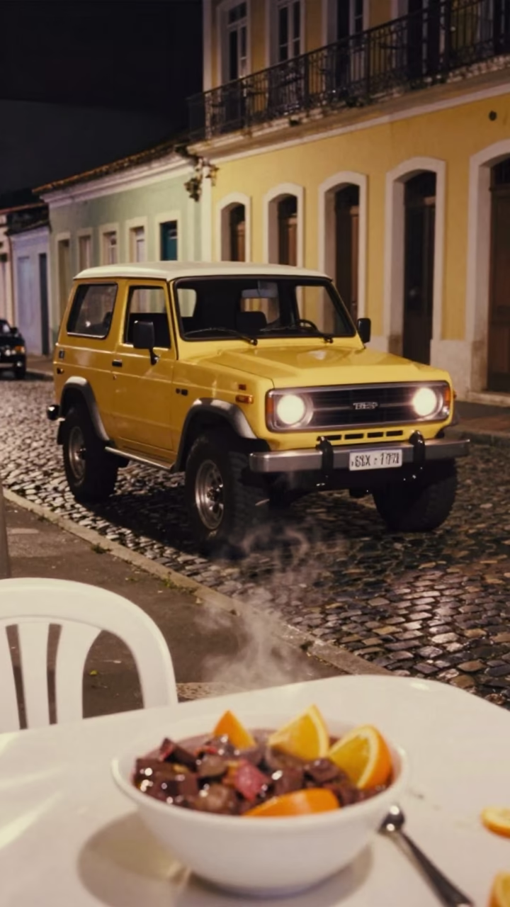 Late Night Salvador Street Scene with Vintage SUV and Feijoada Bowl in in Salvador, Brazil