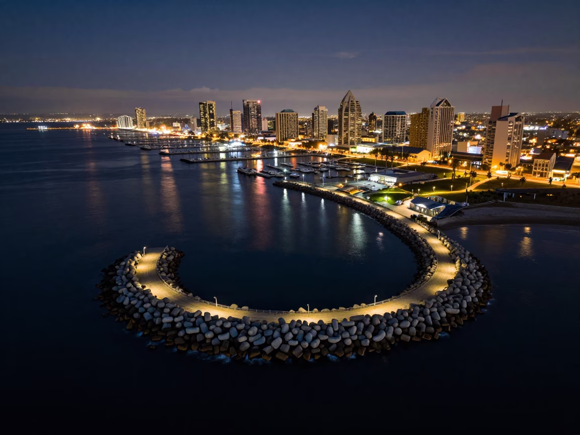 Late Night San Diego Harbor Breakwater Birdseye View Coastal Cityscape in in San Diego, California, United States