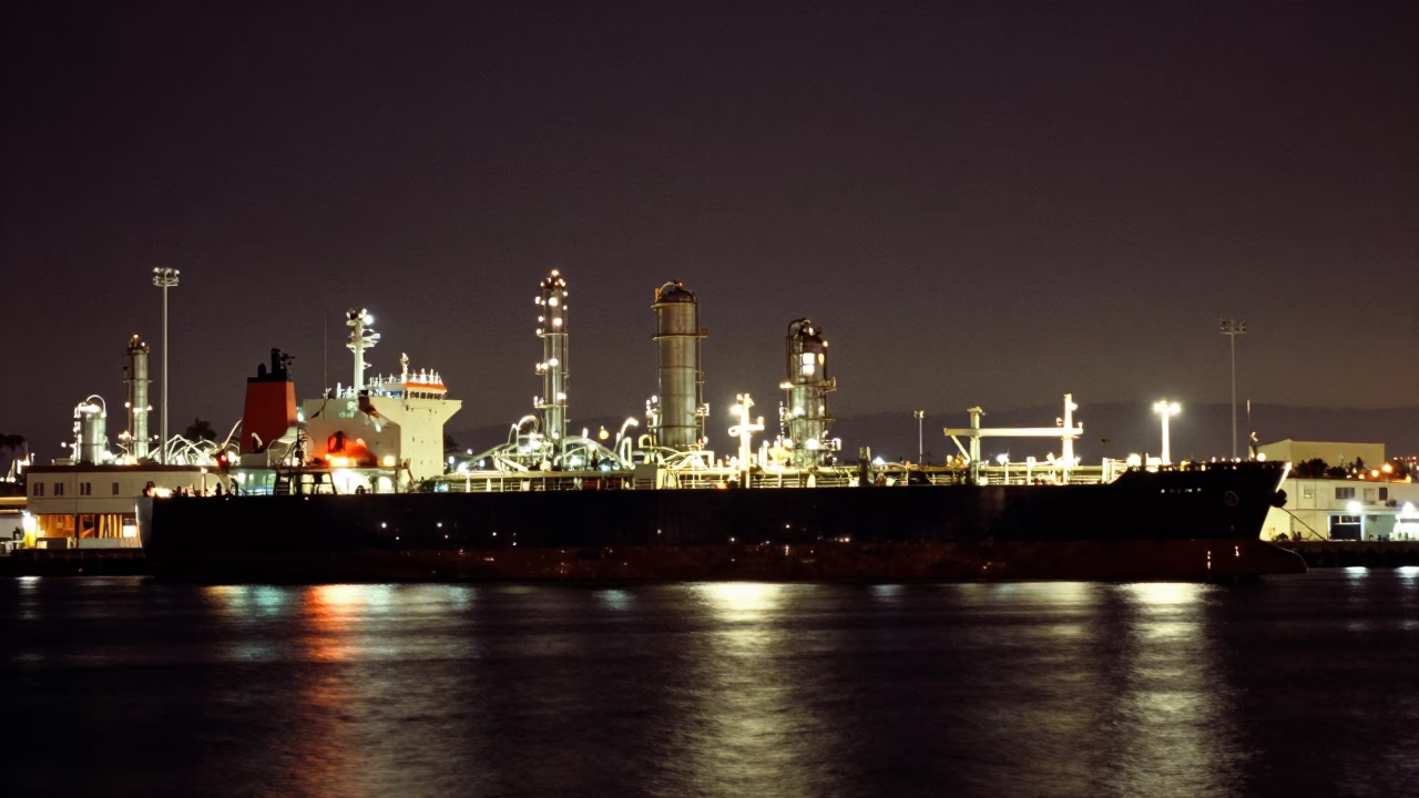 Late Night San Diego Harbor View with Tanker Ship and City Lights in in San Diego, California, United States