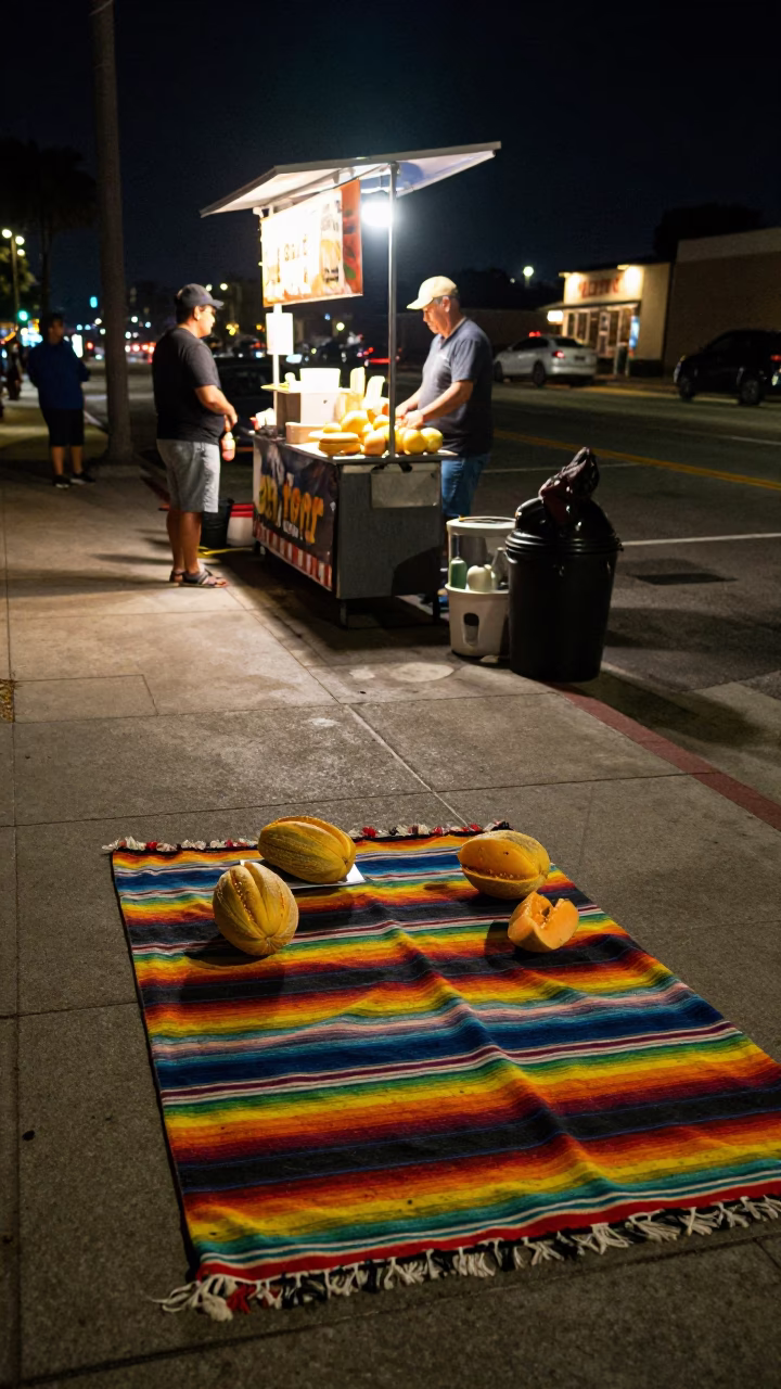 Late Night San Diego Street Food Scene with Melons and Blanket in in San Diego, California, United States