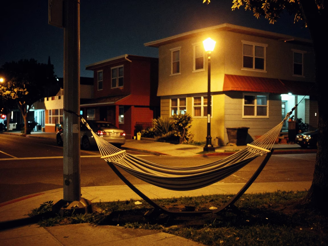 Late Night San Diego Street Scene with Hammock and Colorful Zinnias in in San Diego, California, United States