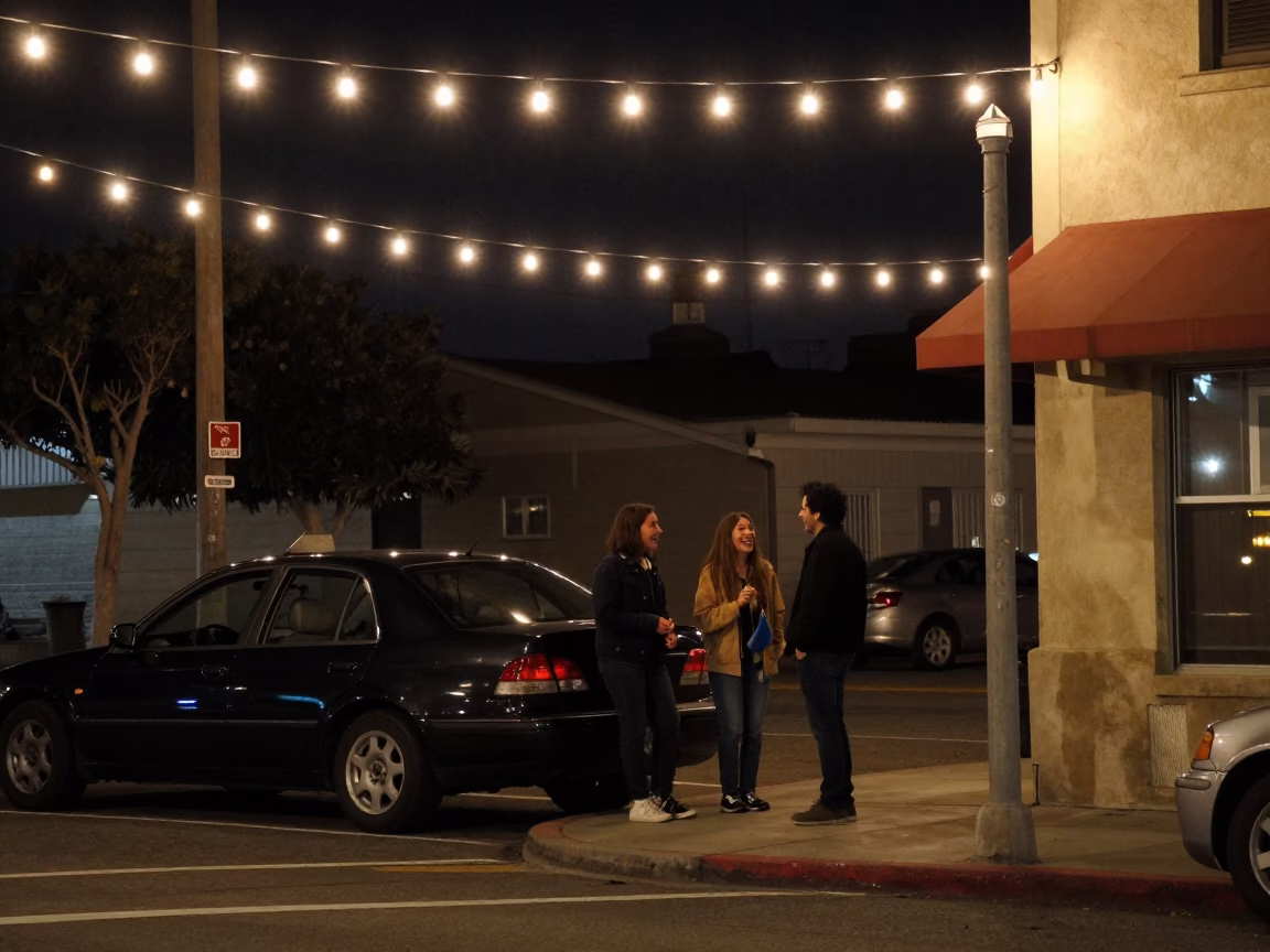 Late Night San Diego Street Scene with String Lights and Concrete Architecture in in San Diego, California, United States