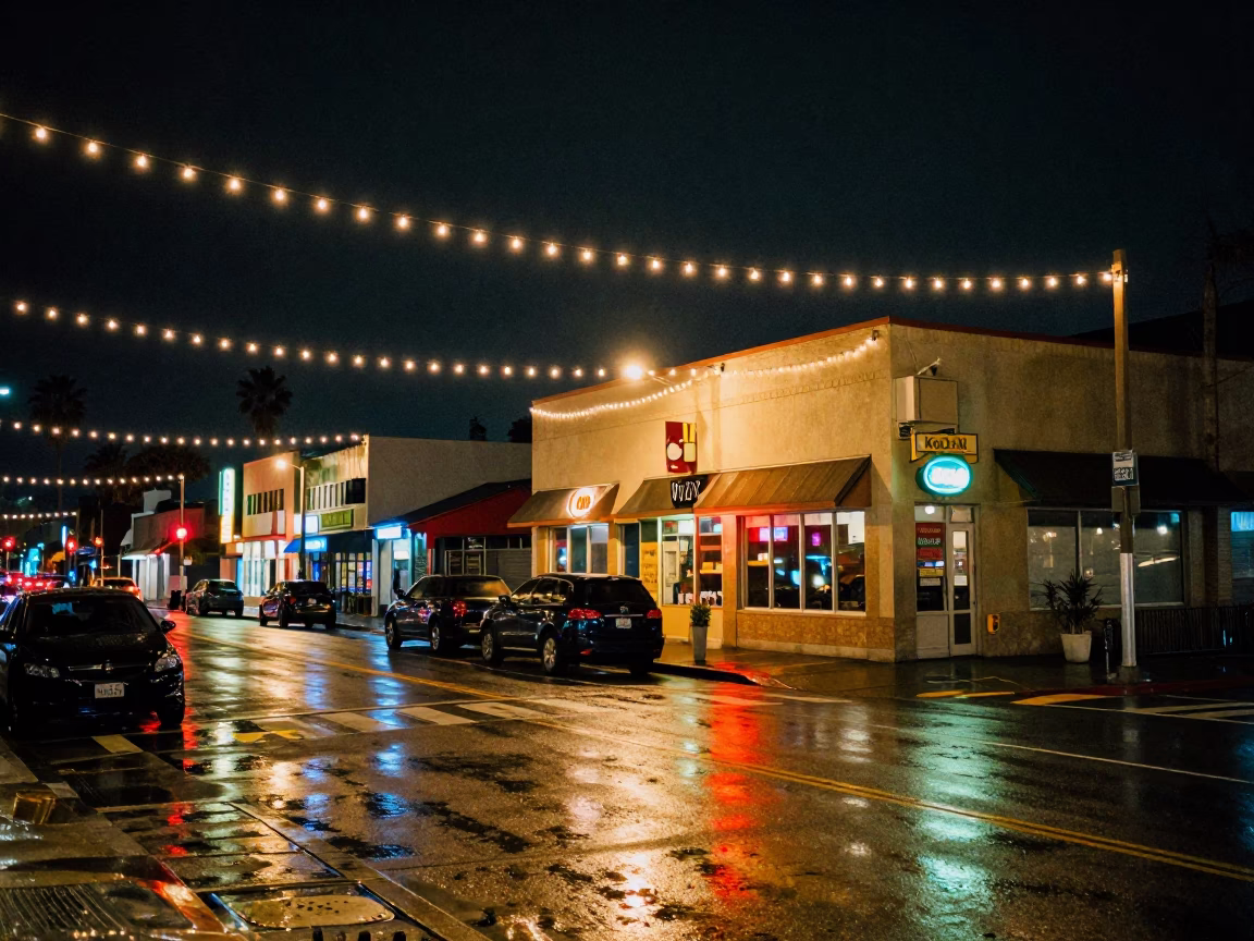 Late Night San Diego Street Scene with String Lights and Urban Reflections in in San Diego, California, United States