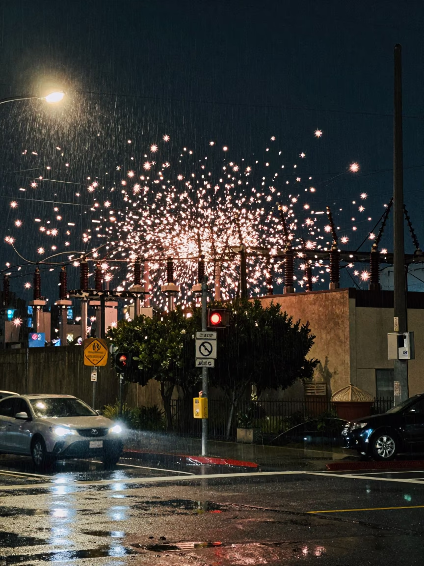 Late Night San Diego Street Scene with Substation Insulators Sparkling Under Floodlights in in San Diego, California, United States
