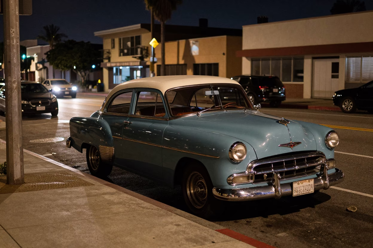 Late Night San Diego Street Scene with Vintage Car and Neon Lights in in San Diego, California, United States