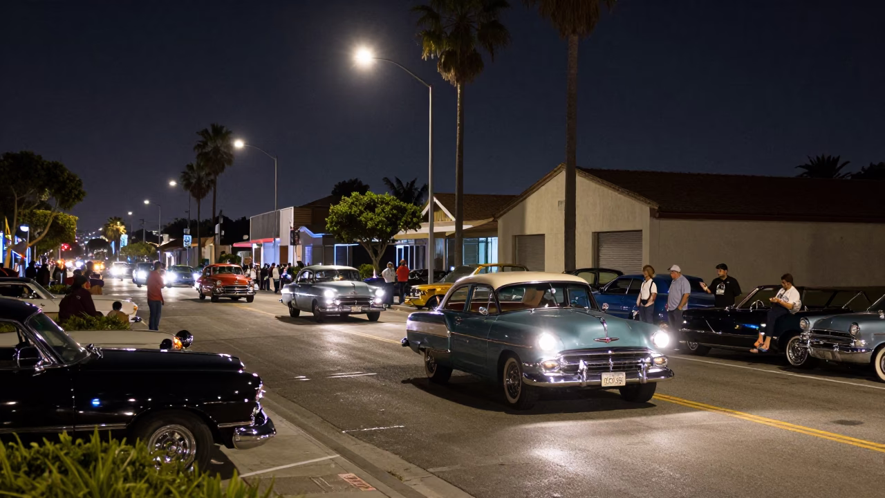 Late Night San Diego Street Scene with Vintage Car Rally and Chai in in San Diego, California, United States