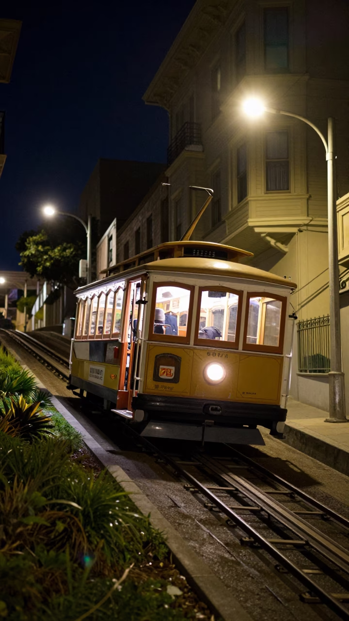 Late Night San Francisco Funicular Railway Climbing Steep Hill Under City Lights in in San Francisco, California, United States