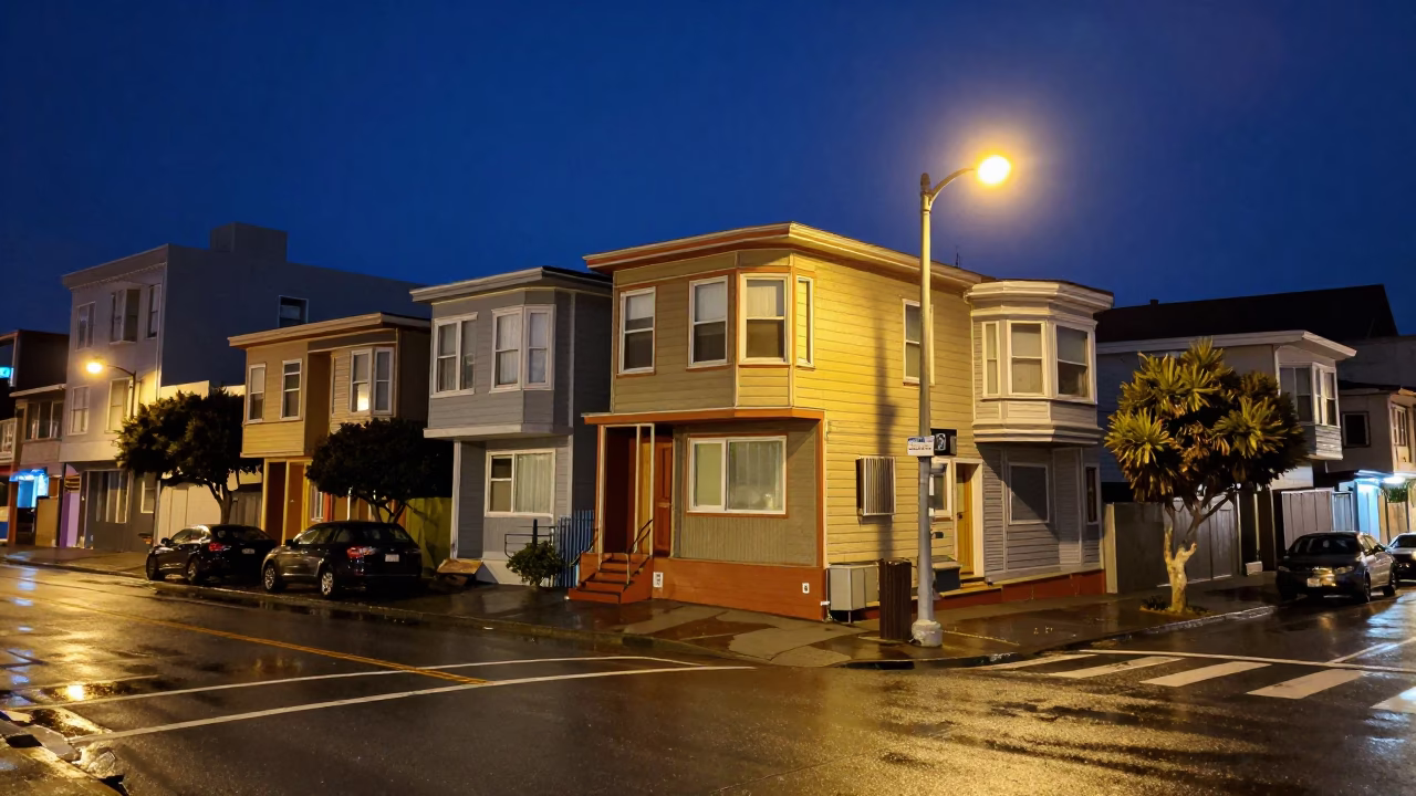 Late Night San Francisco Street Corner with Colorful Houseboat and Urban Details in in San Francisco, California, United States