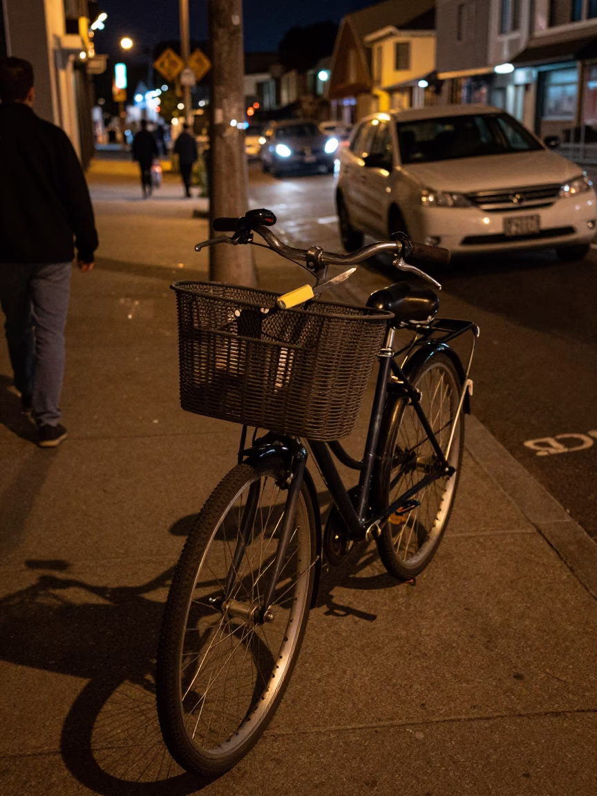 Late Night San Francisco Street Scene with Bicycle Basket and Urban Elements in in San Francisco, California, United States