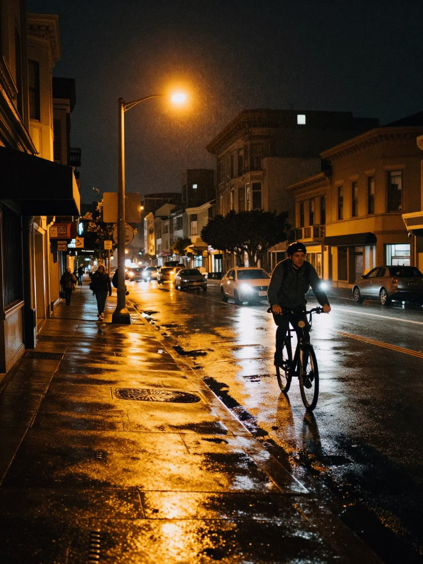 Late Night San Francisco Street Scene with Cyclist and Wet Flagstones in in San Francisco, California, United States