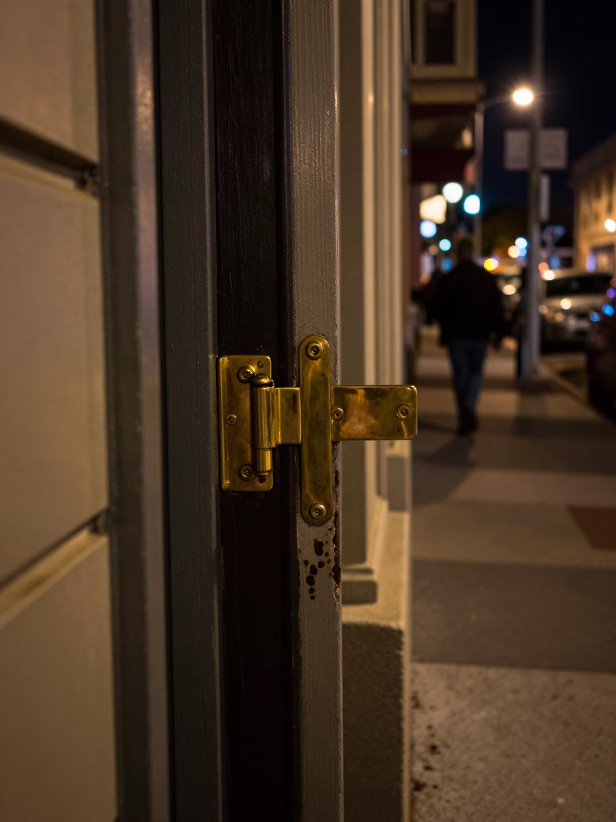Late Night San Francisco Street Scene with Door Latch and Construction Elevator Gate in in San Francisco, California, United States