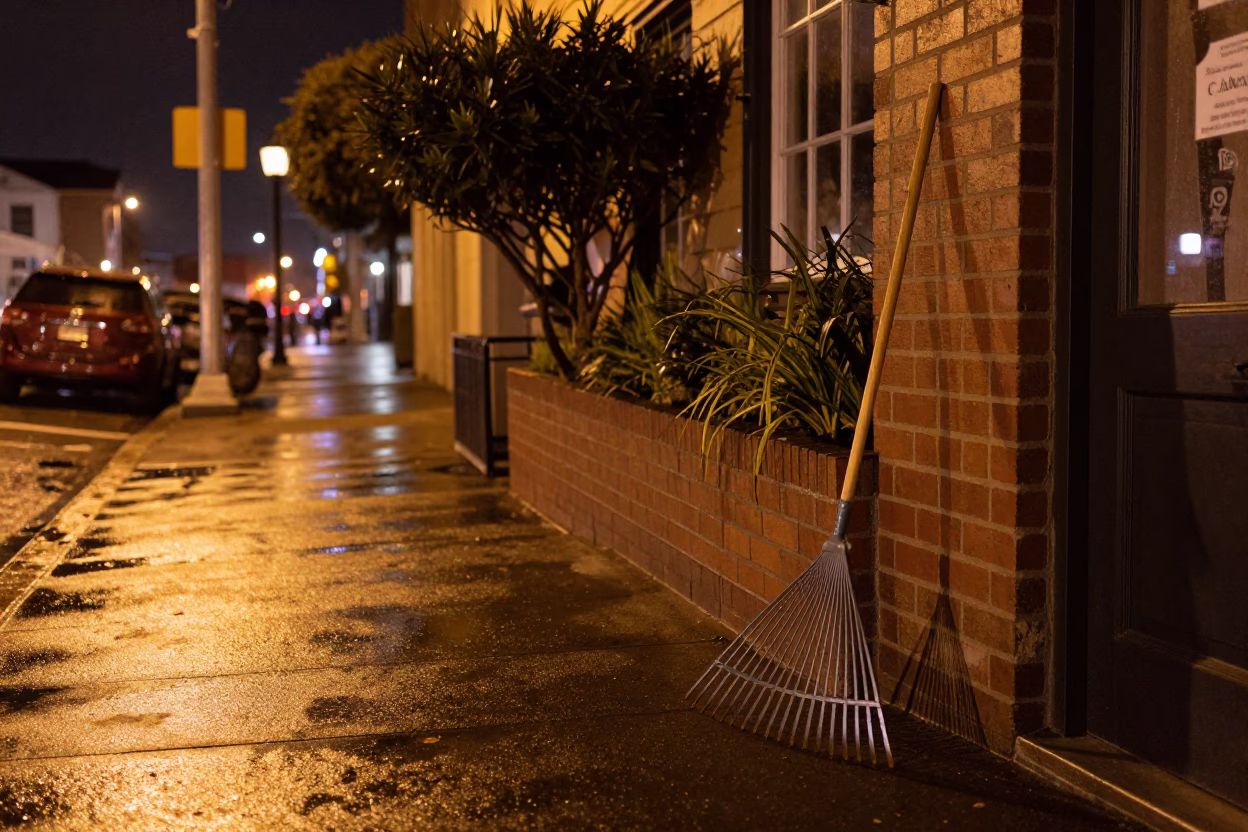 Late Night San Francisco Street Scene with Garden Rake and Urban Details in in San Francisco, California, United States