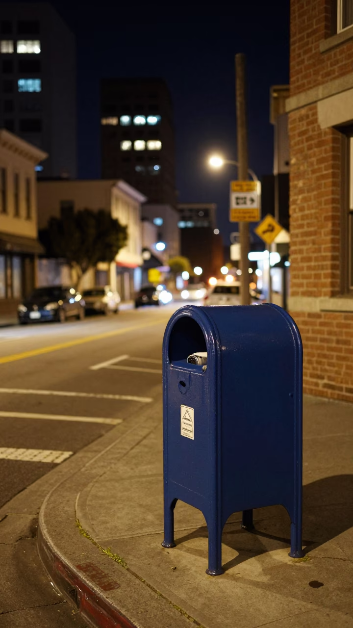 Late Night San Francisco Street Scene with Mailbox and City Lights in in San Francisco, California, United States