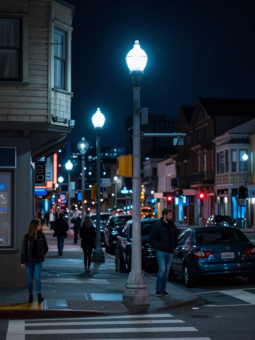 Late Night San Francisco Street Scene with Neon Lights and Urban Architecture in in San Francisco, California, United States