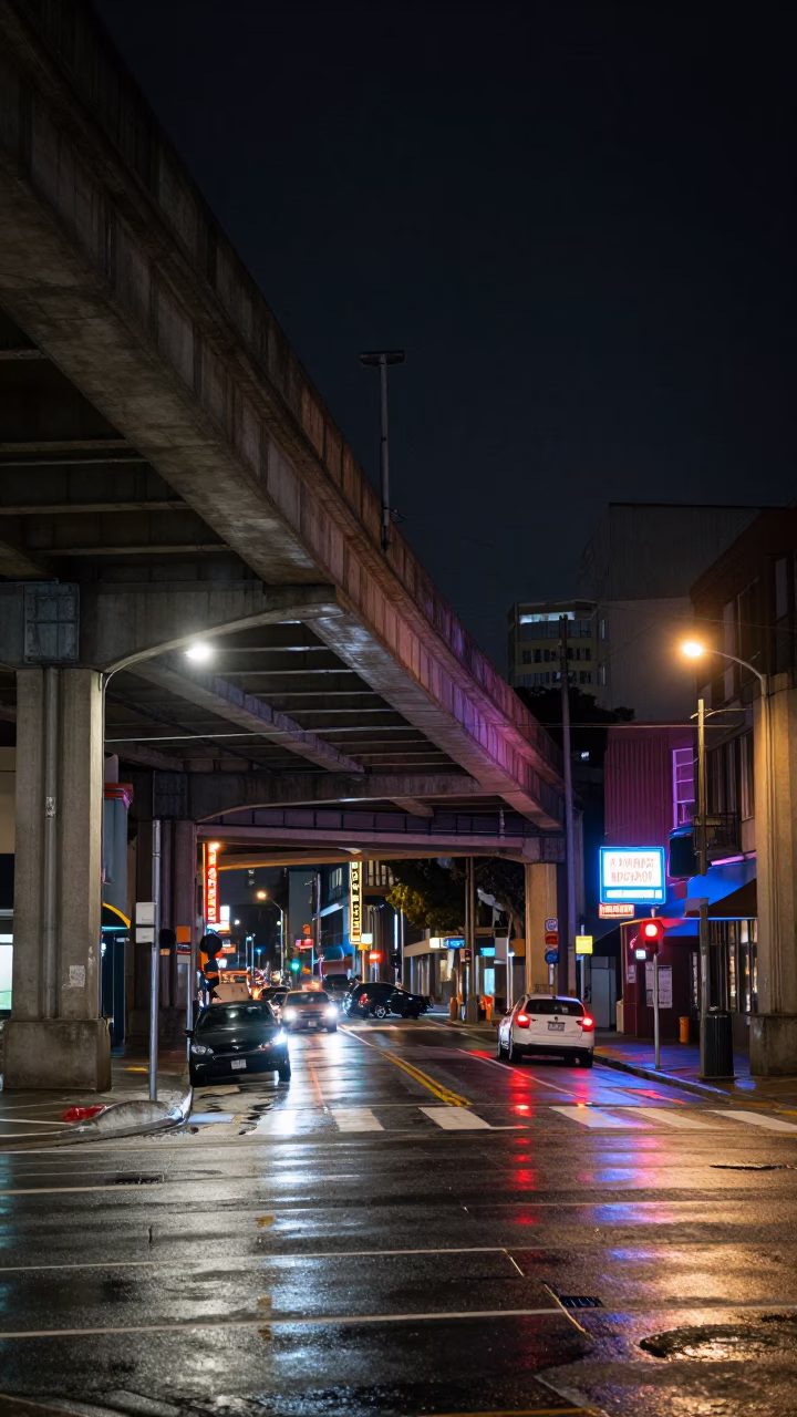 Late Night San Francisco Street Scene with Overpass and Urban Details in in San Francisco, California, United States