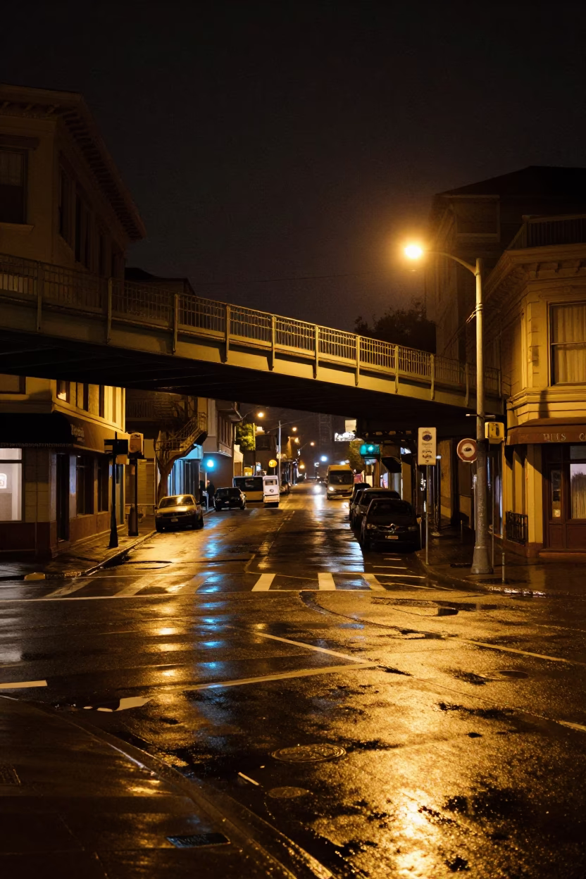 Late Night San Francisco Street Scene with Pedestrian Overpass and Wet Footsteps in in San Francisco, California, United States