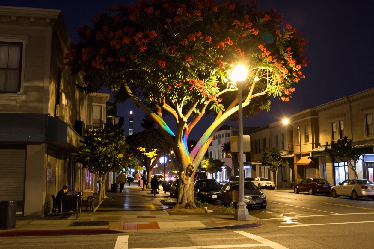 Late Night San Francisco Street Scene with Rainbow Eucalyptus and Urban Ambiance in in San Francisco, California, United States