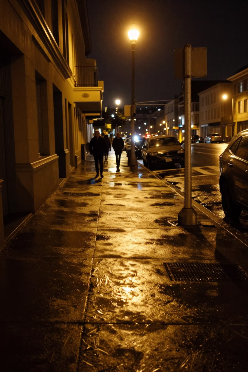 Late Night San Francisco Street Scene with Scratched Metal Rail and Urban Reflections in in San Francisco, California, United States