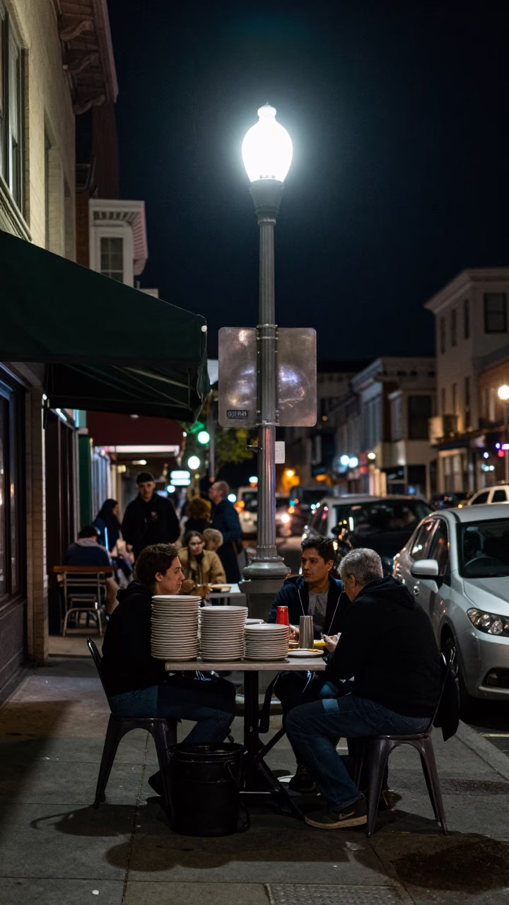 Late Night San Francisco Street Scene with Stacked Plates and Mailbox in in San Francisco, California, United States