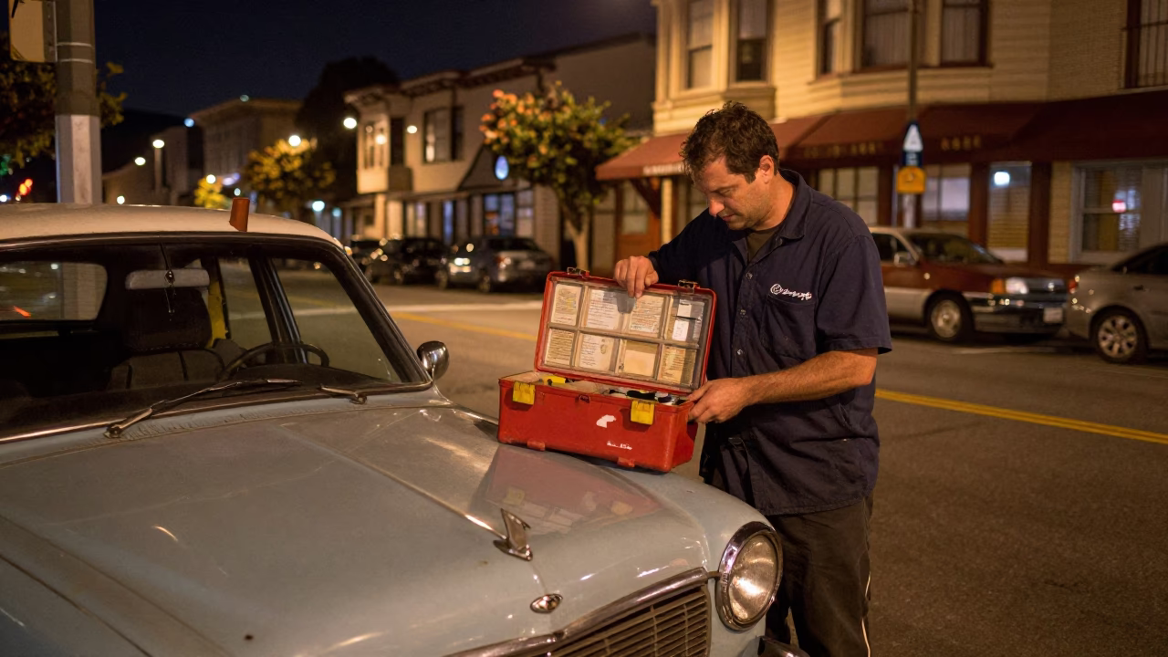 Late Night San Francisco Street Scene with Toolbox and Vintage Car Detail in in San Francisco, California, United States