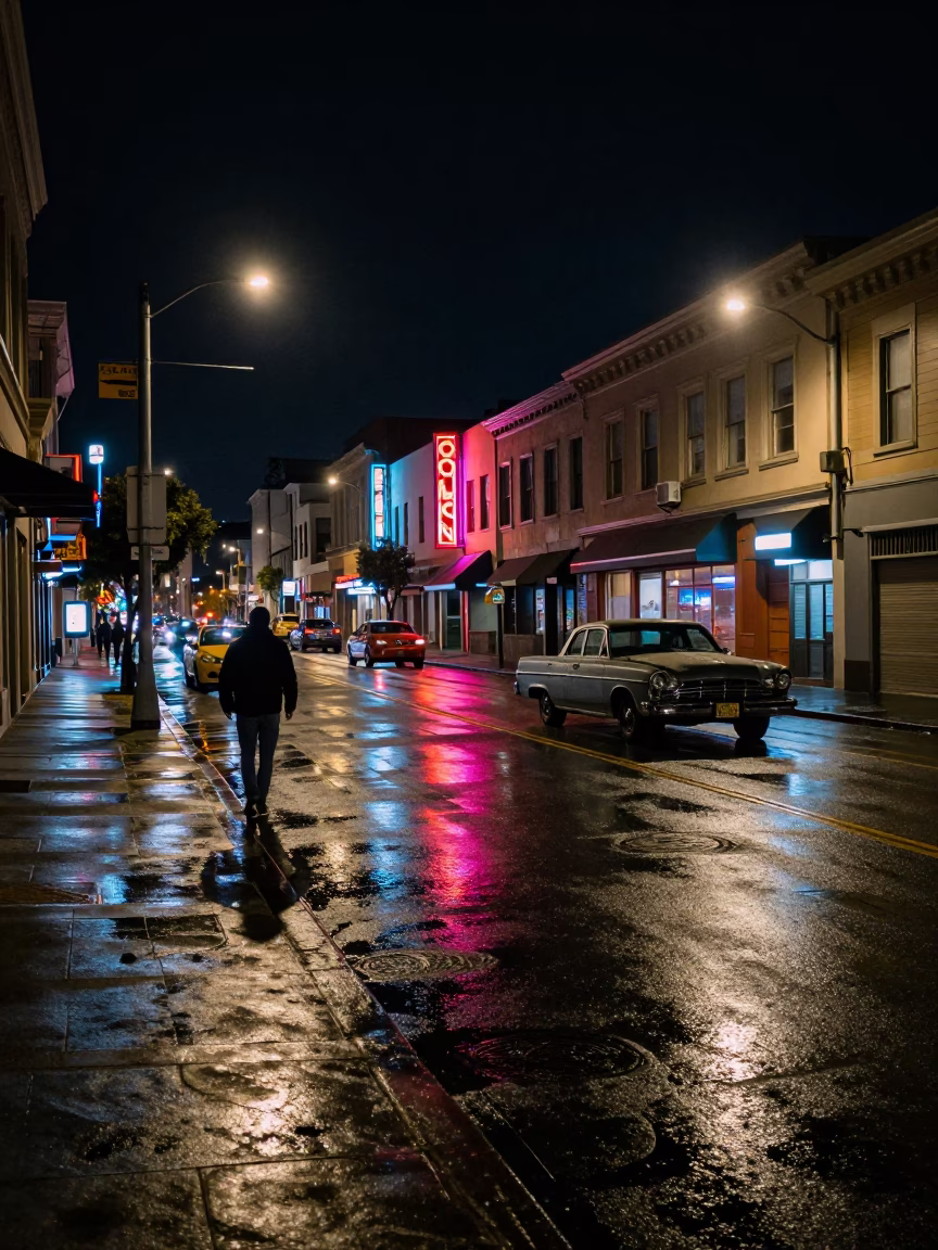 Late Night San Francisco Street Scene with Urban Details and City Lights in in San Francisco, California, United States