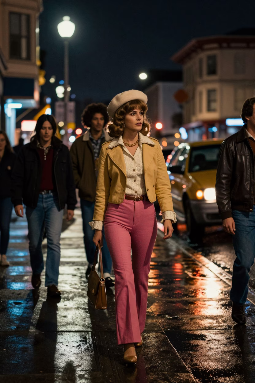Late Night San Francisco Street Scene with Vintage 1970s Fashion and Urban Elements in in San Francisco, California, United States