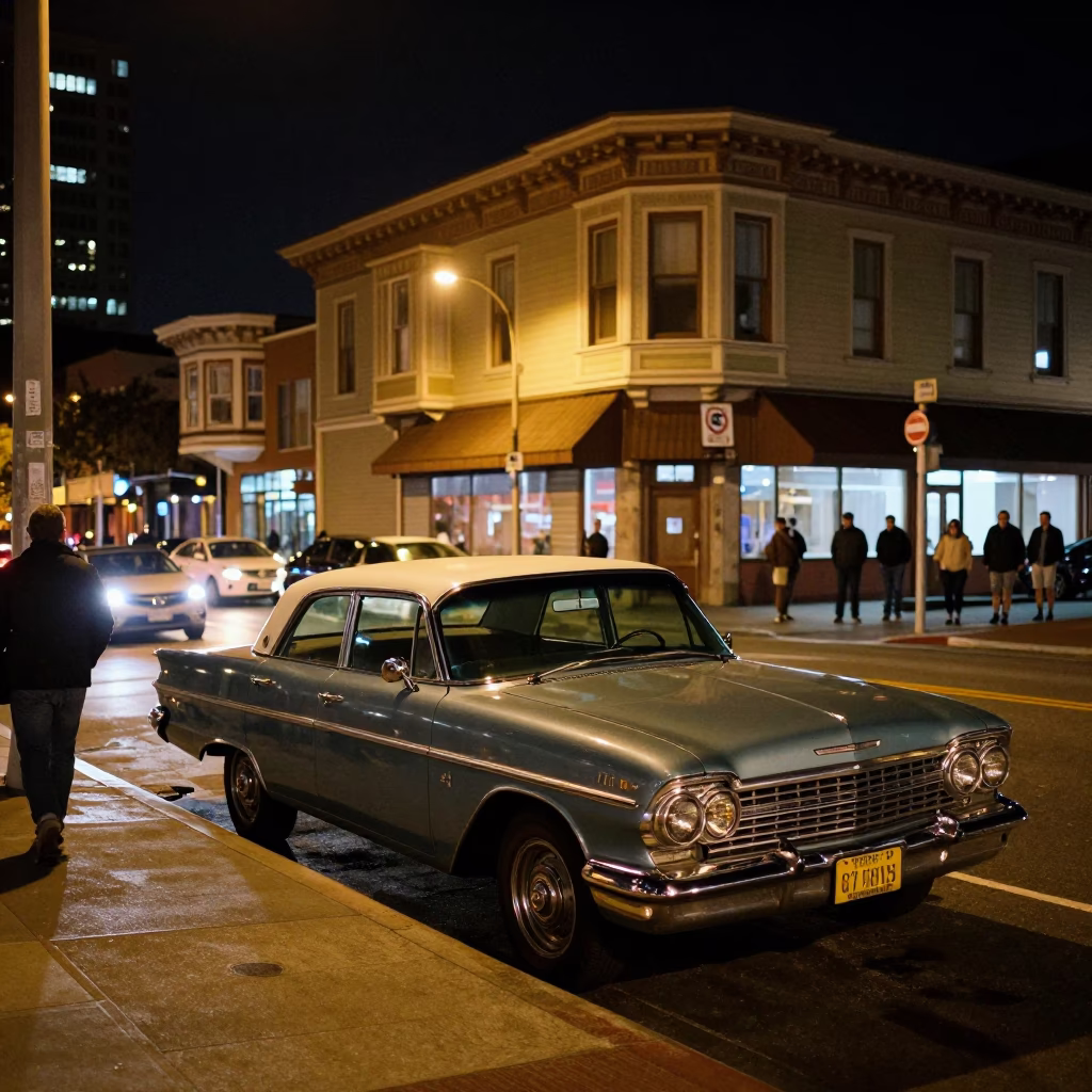 Late Night San Francisco Street Scene with Vintage Elements and City Lights in in San Francisco, California, United States