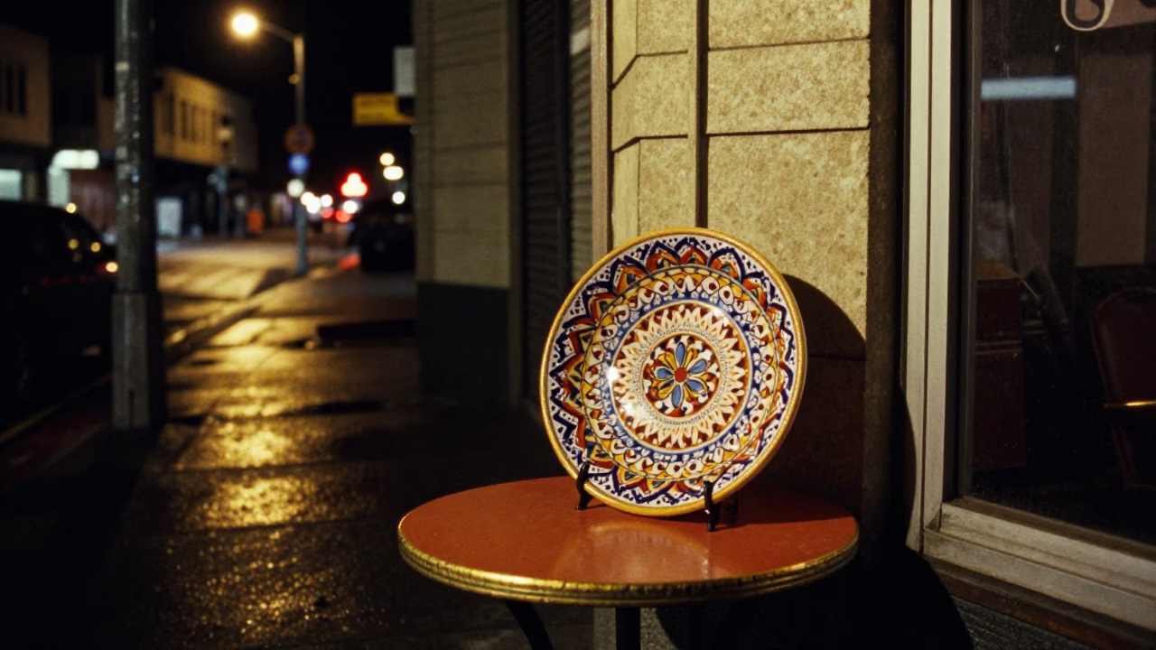 Late Night San Francisco Street Scene with Vintage Majolica Plate and Smudges on Latch in in San Francisco, California, United States