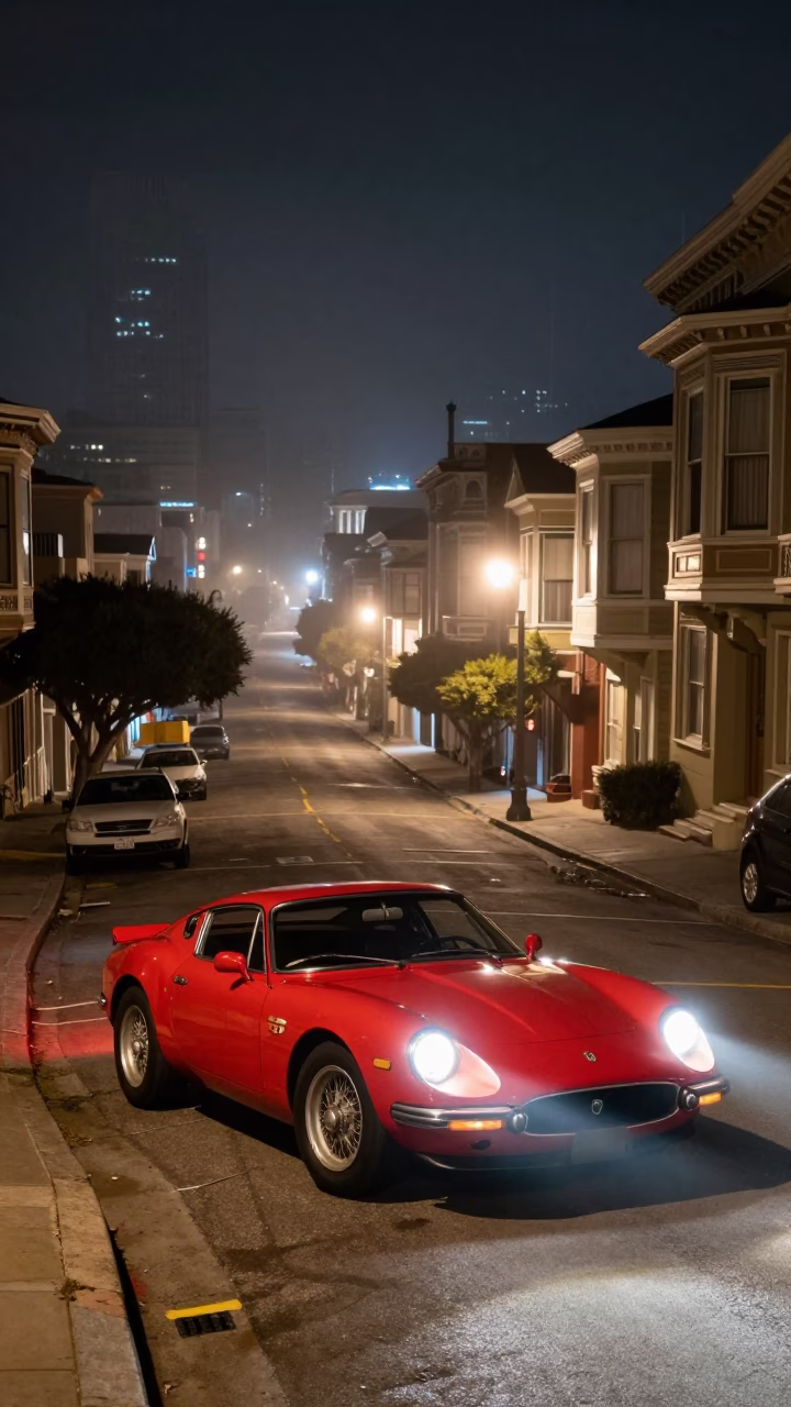 Late Night San Francisco Street Scene with Vintage Red Sports Car and City Lights in in San Francisco, California, United States