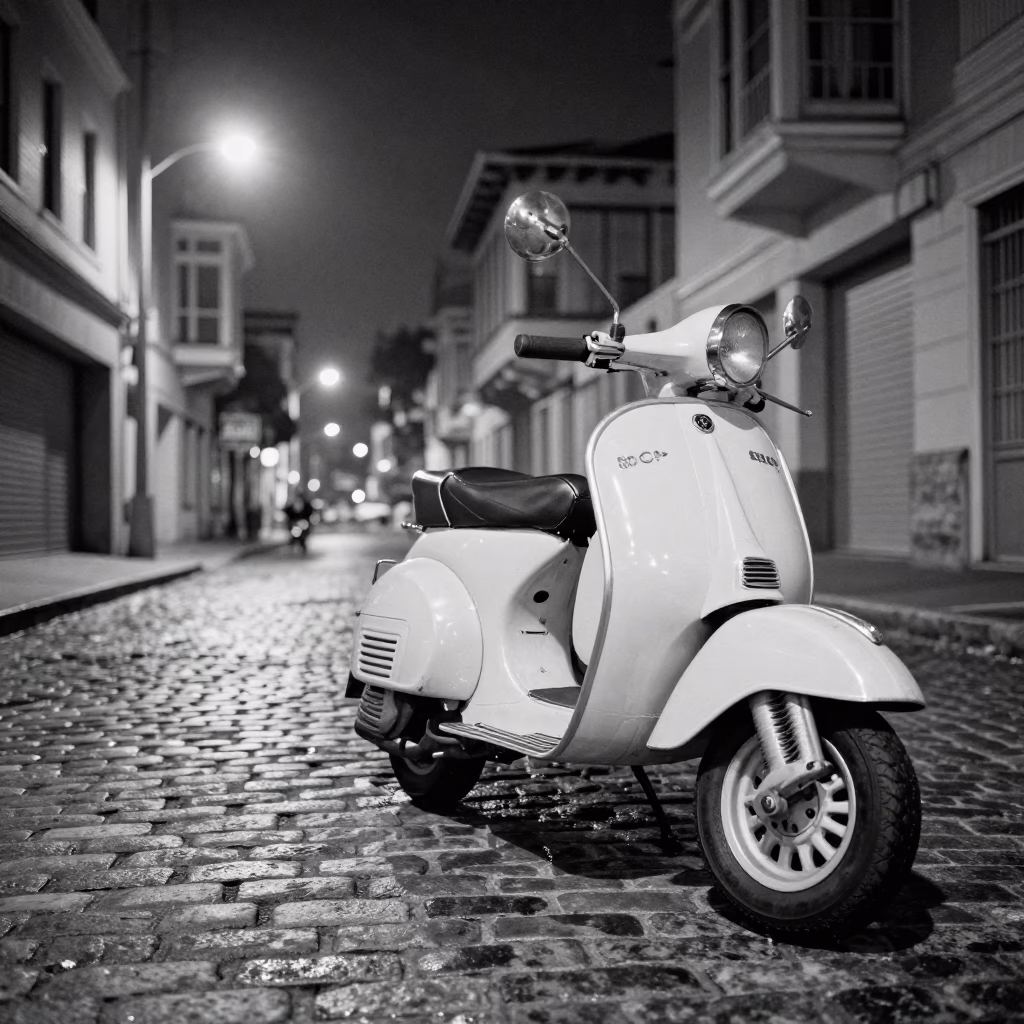 Late Night San Francisco Street Scene with Vintage Scooter and Cobblestone Alley in in San Francisco, California, United States