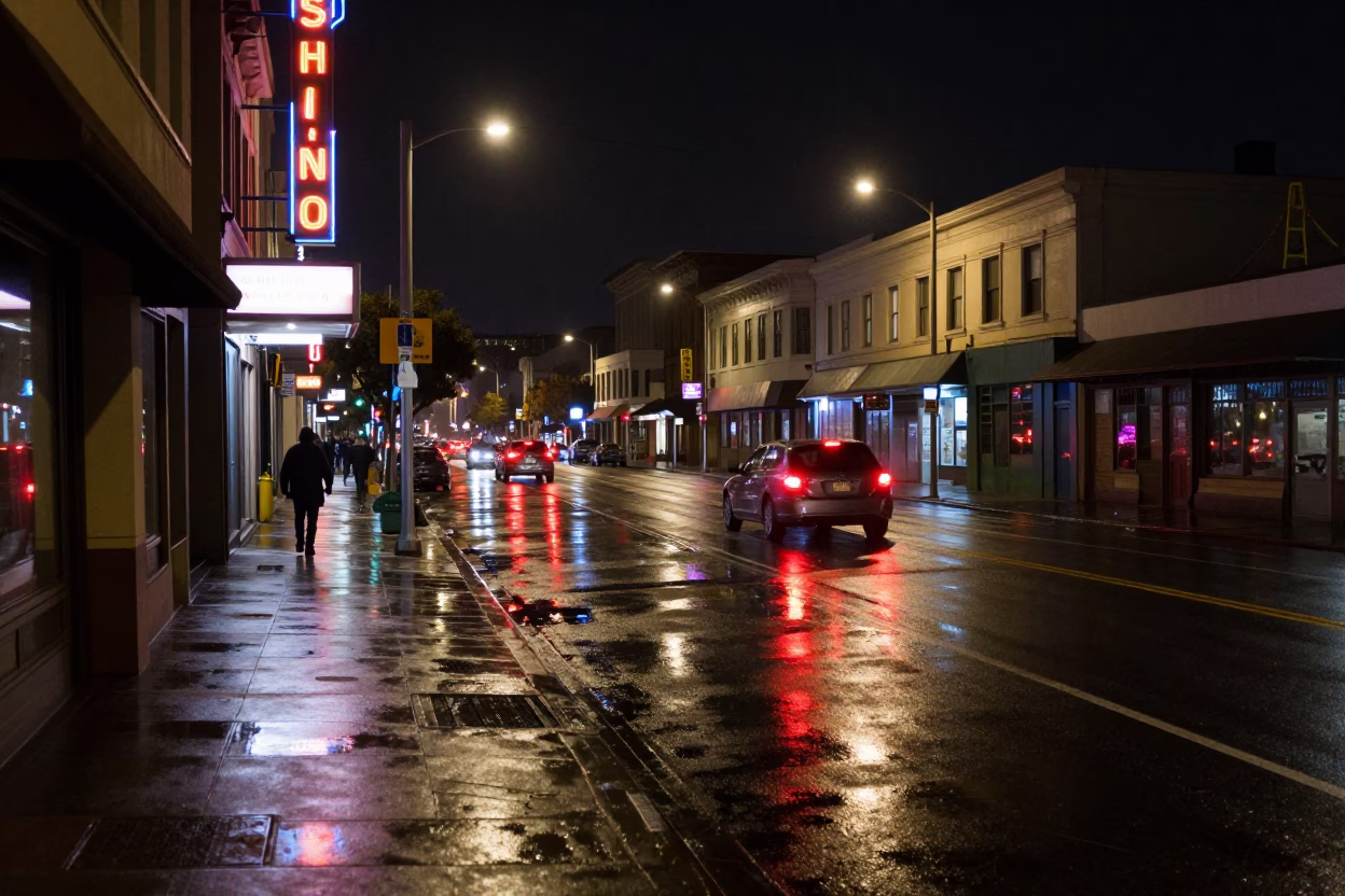 Late Night San Francisco Street Scene with Wet Pavement and Distant City Lights in in San Francisco, California, United States