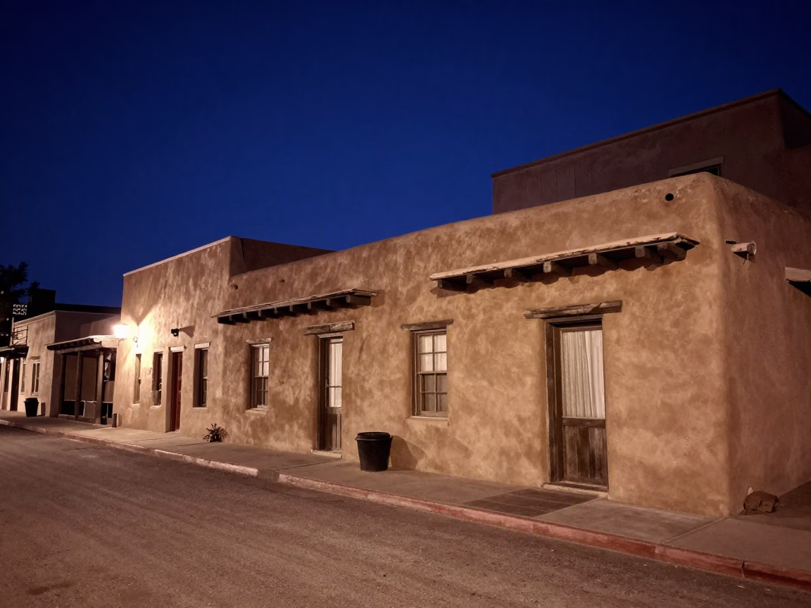 Late Night Santa Fe Adobe Architecture and Street Scene Under Moonlight in in Santa Fe, New Mexico, United States