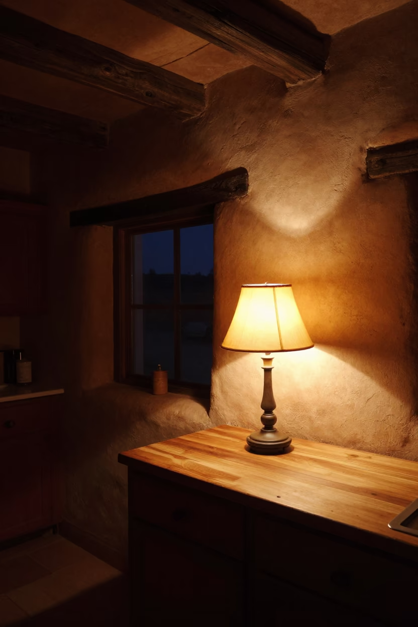 Late Night Santa Fe Adobe Interior with Table Lamp and Tea Towels in in Santa Fe, New Mexico, United States