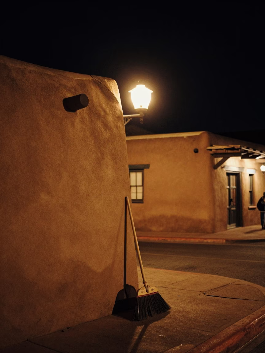 Late Night Santa Fe Adobes Street Scene with Broom and Doorknob Details in in Santa Fe, New Mexico, United States