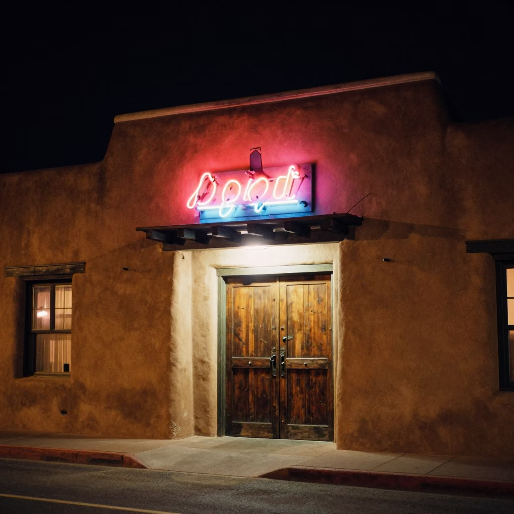 Late Night Santa Fe New Mexico Adobe Architecture and Neon Sign Reflections in in Santa Fe, New Mexico, United States