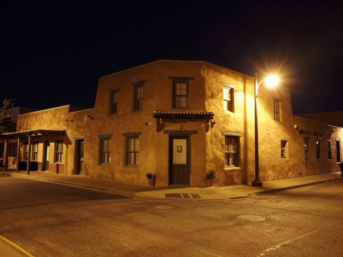 Late Night Santa Fe Street Scene with Adobe Architecture and City Lights in in Santa Fe, New Mexico, United States