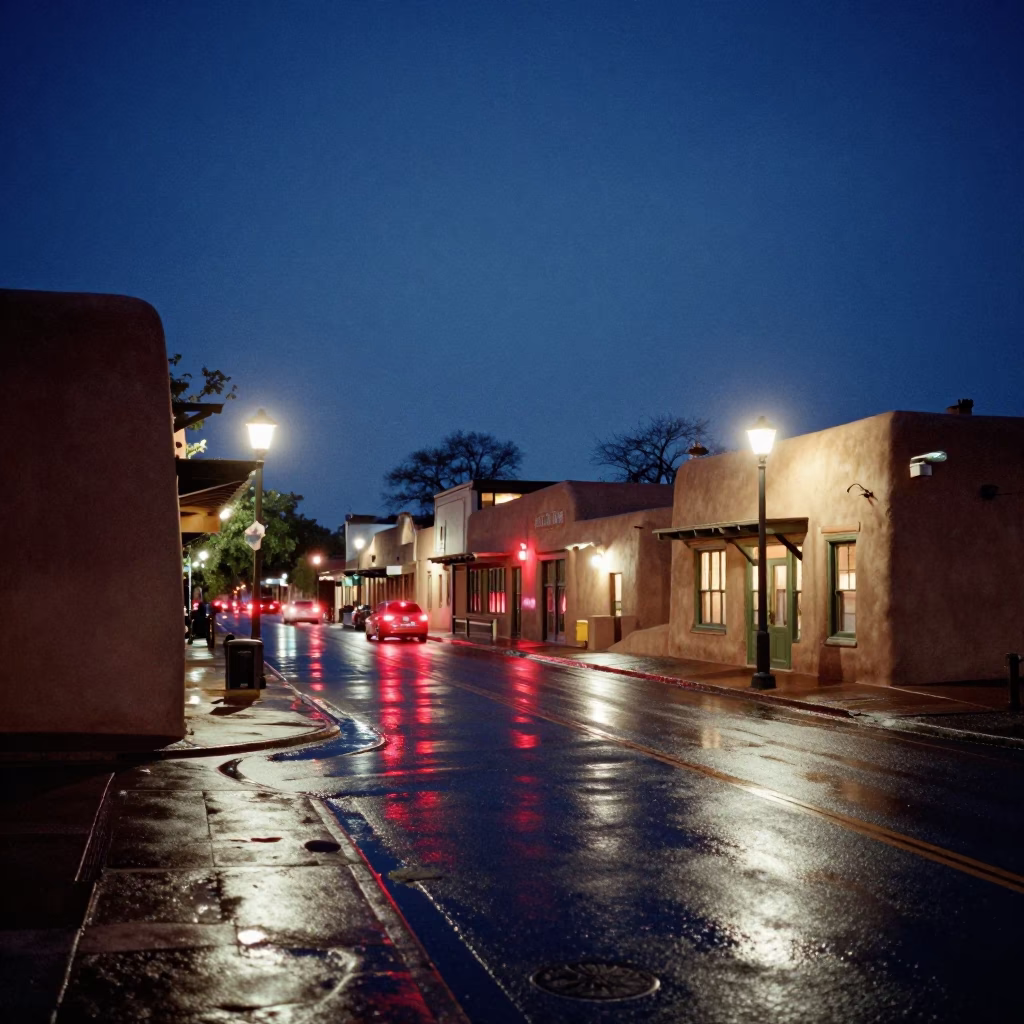 Late Night Santa Fe Street Scene with Adobe Architecture and Distant Taillights After Rain in in Santa Fe, New Mexico, United States