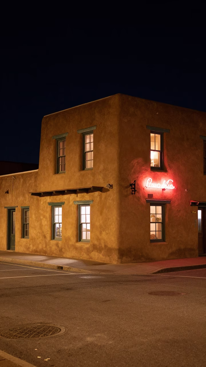Late Night Santa Fe Street Scene with Adobe Architecture and Neon Lights in in Santa Fe, New Mexico, United States