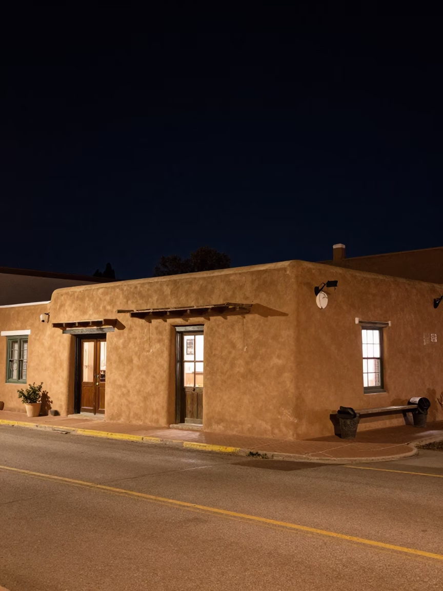 Late Night Santa Fe Street Scene With Adobe Architecture And Neon Sign in in Santa Fe, New Mexico, United States