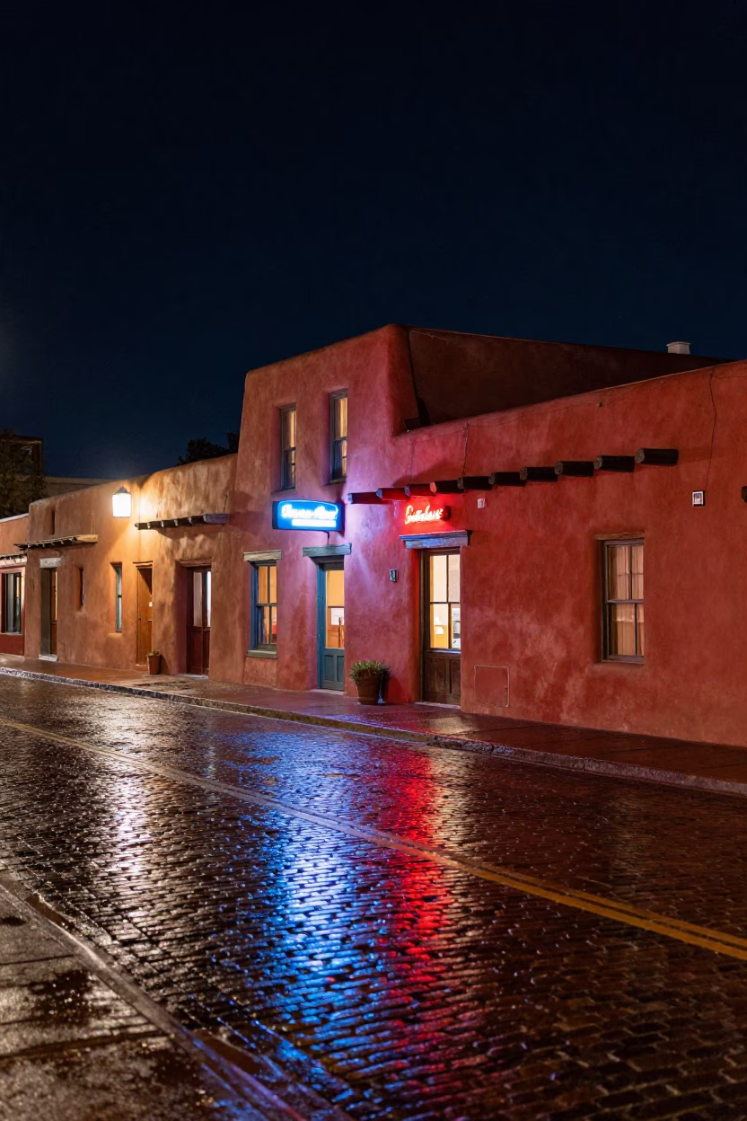 Late Night Santa Fe Street Scene with Adobe Architecture and Neon Signs in in Santa Fe, New Mexico, United States