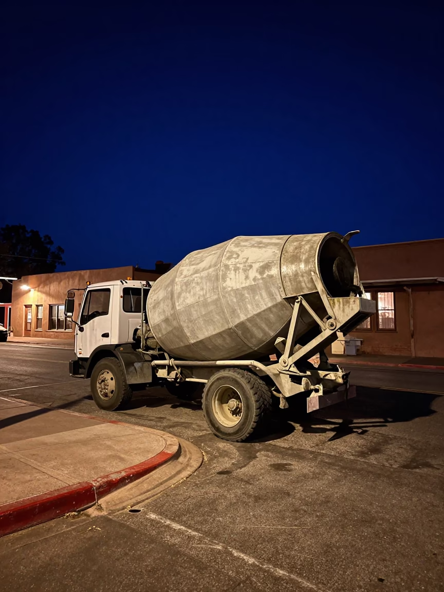 Late Night Santa Fe Street Scene with Cement Mixer and Adobe Architecture in in Santa Fe, New Mexico, United States