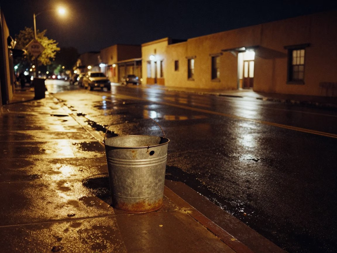 Late Night Santa Fe Street Scene with Metal Bucket and Rainwater Reflections in in Santa Fe, New Mexico, United States