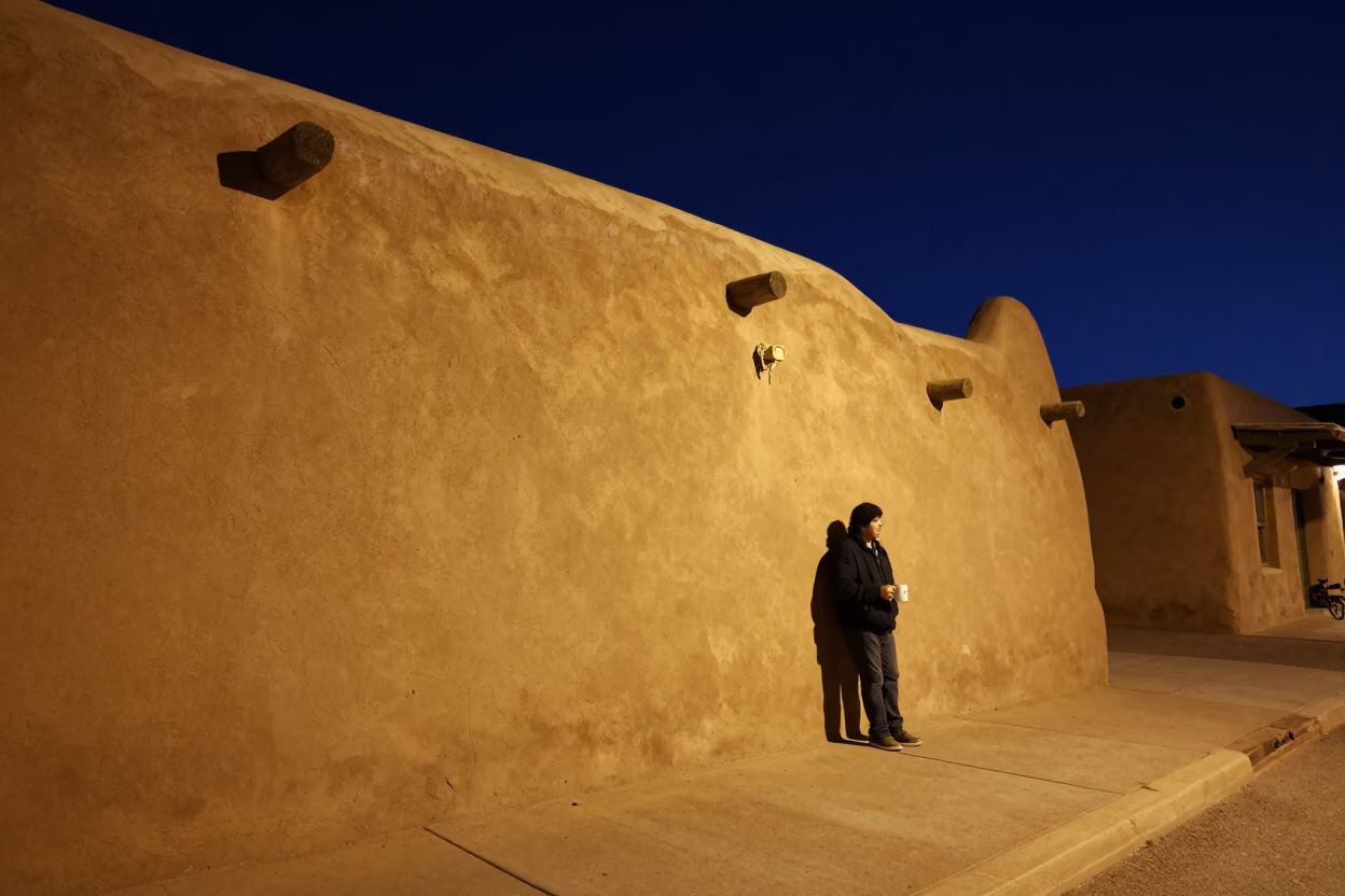Late Night Santa Fe Street Scene with Mug and Twine Fibers in in Santa Fe, New Mexico, United States