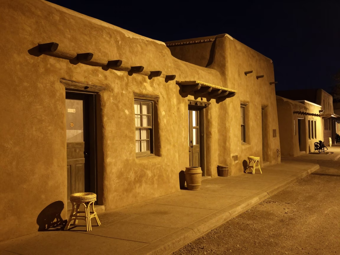 Late Night Santa Fe Street Scene With Rattan Stool And Brushed Steel Runner in in Santa Fe, New Mexico, United States