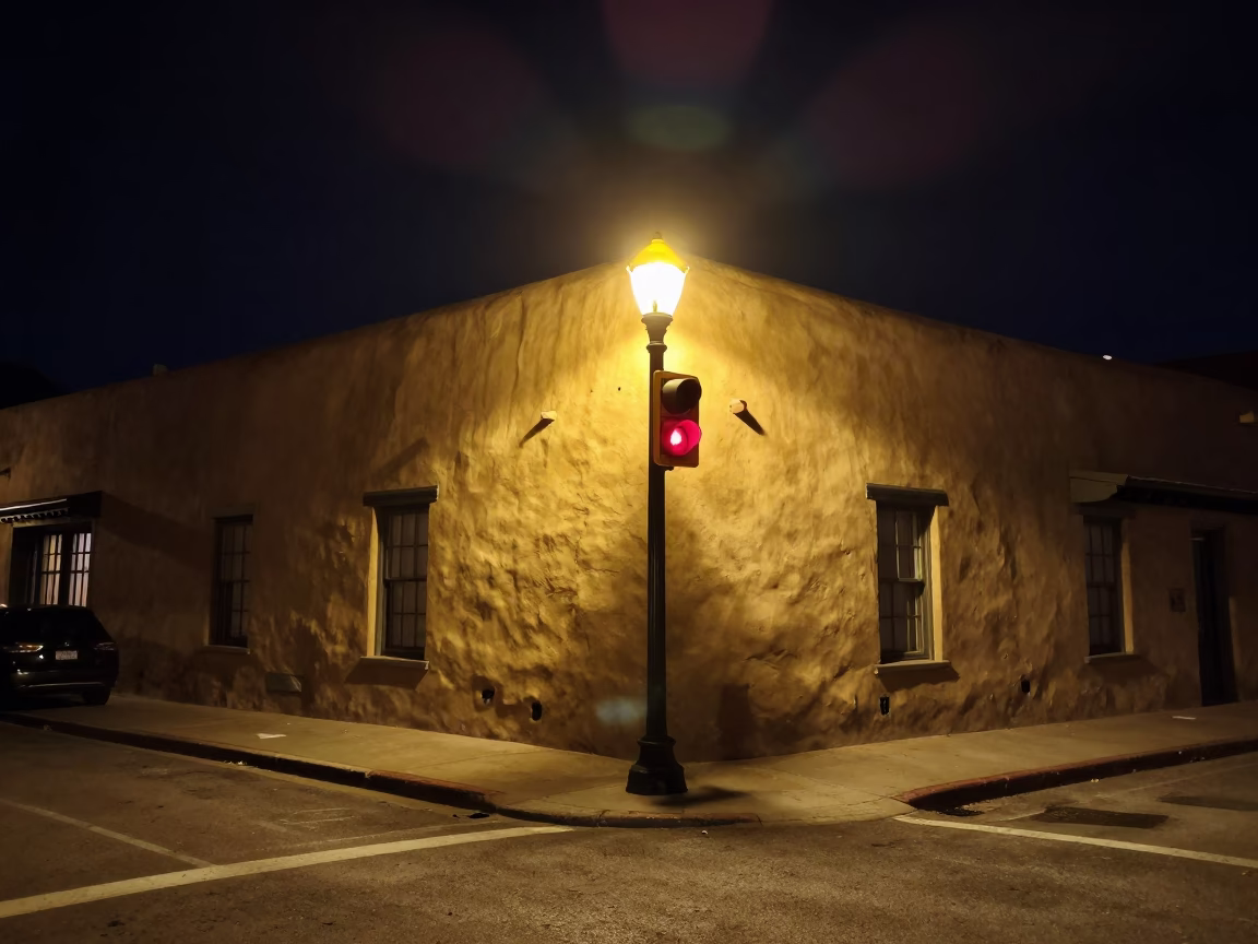 Late Night Santa Fe Street Scene with Red Beacon and Adobe Architecture in in Santa Fe, New Mexico, United States