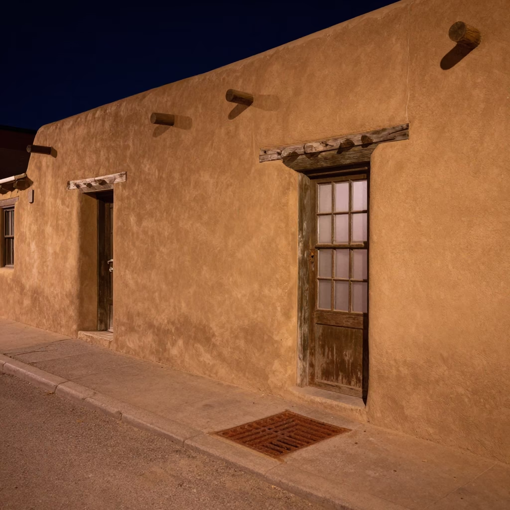 Late Night Santa Fe Street Scene with Rusty Drain and Steel Tray Corner in in Santa Fe, New Mexico, United States